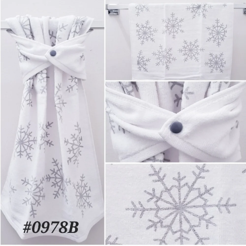 🆒️#0978-B ●NEW! Gray Snowflakes on White bkground Hang'N'Snap Towel GRAY SNAP